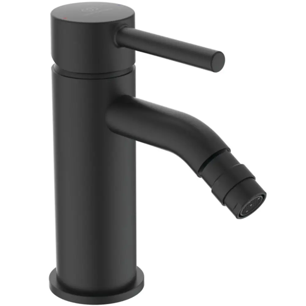 Bidetarmatur in mattschwarzem Finish von Ideal Standard, mit einem abgewinkelten Auslauf und einem einhebeligen Design zur einfachen Steuerung des Wasserflusses.